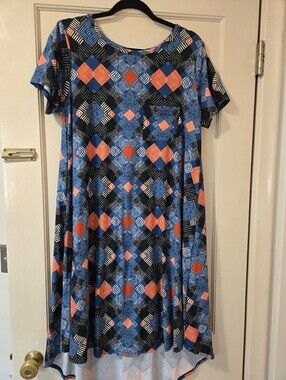 Lularoe Leggins Material Carly Geometric Print Swing Dress in Blue & Red Orange